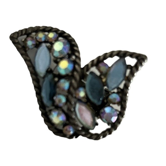 Mode Art Clip On Earrings Blue Silver Tone Aurora Borealis Rhinestone Vintage - Picture 6 of 7